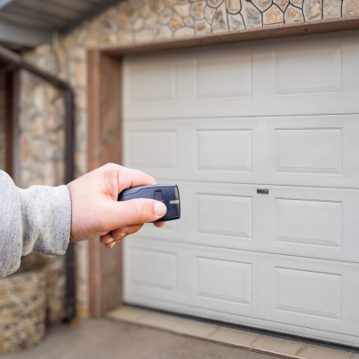 Kansas City security key fob pointing to a garage door